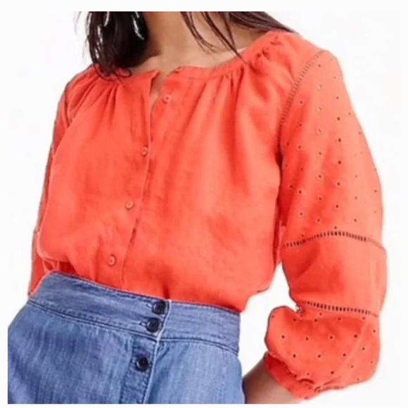 J. Crew Circle Eyelet Linen Top Shirt‎ Blouse - Picture 1 of 12